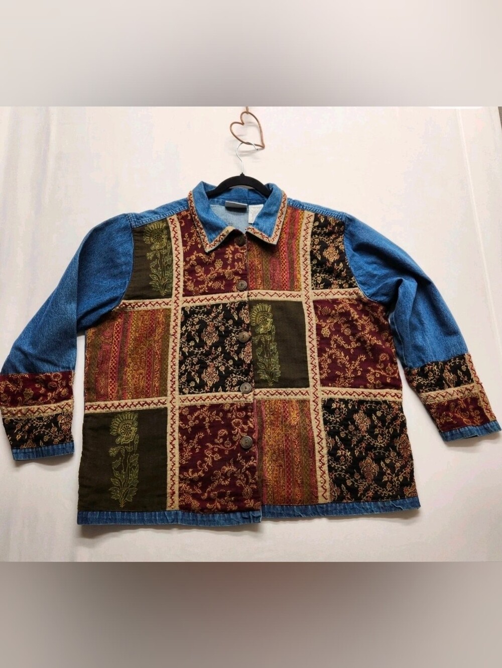 β Vintage UNITS Boho 80s Denim Patchwork Jacket, Size 2X